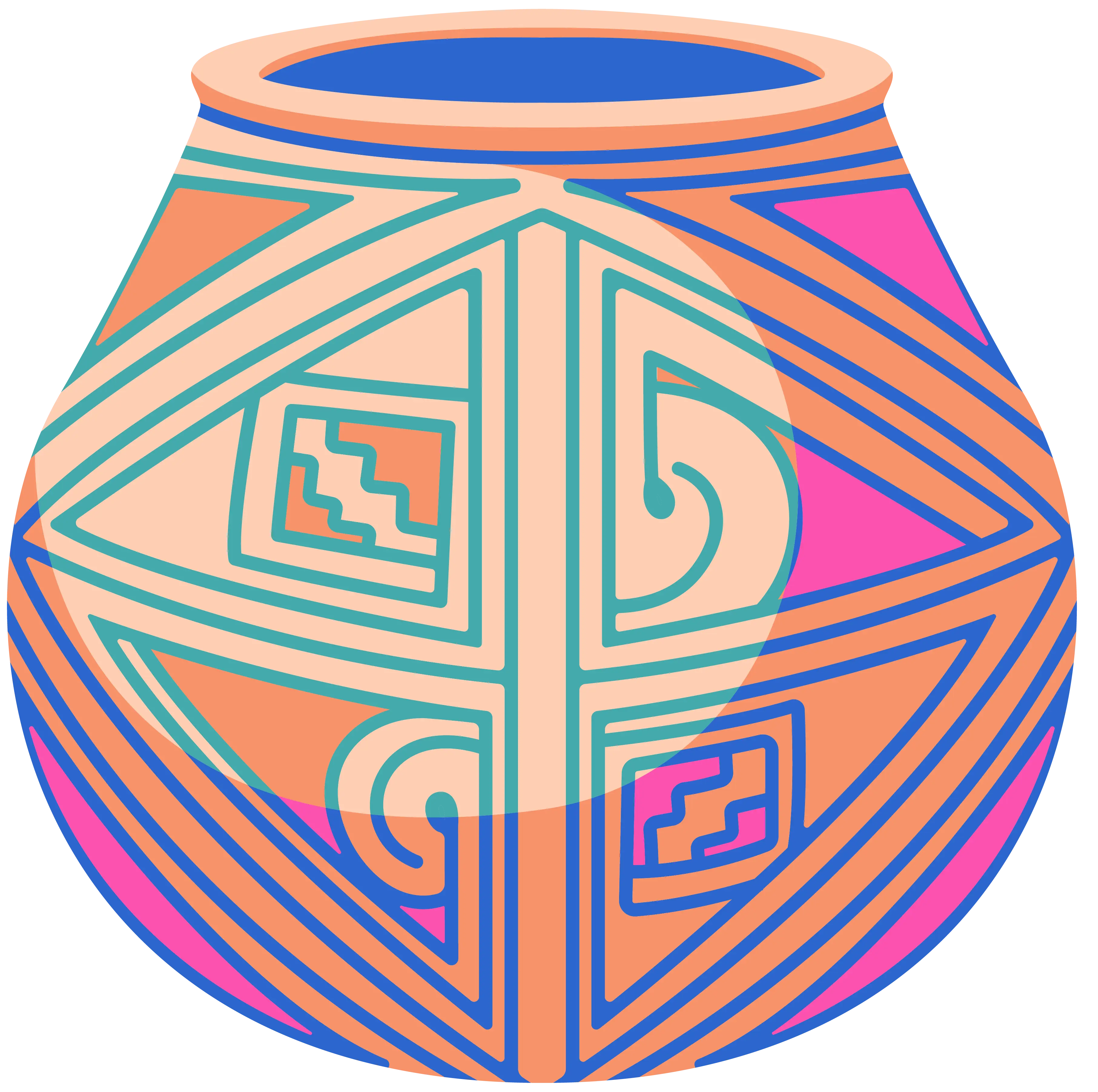 Ilustración de vasija con patrones geométricos inspirados en cerámica tradicional.